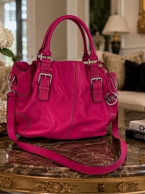 Michael Kors Camden Raspberry Pebble Leather Shoulder Tote with MK Pendant